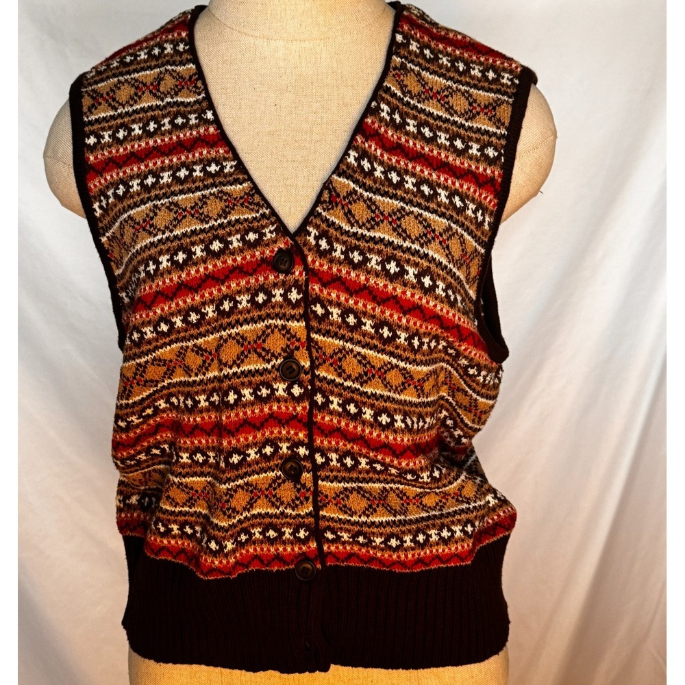 Liz Sport Vintage V-Neck Sweater Vest Womens Small Knit Button Front Fair Isle